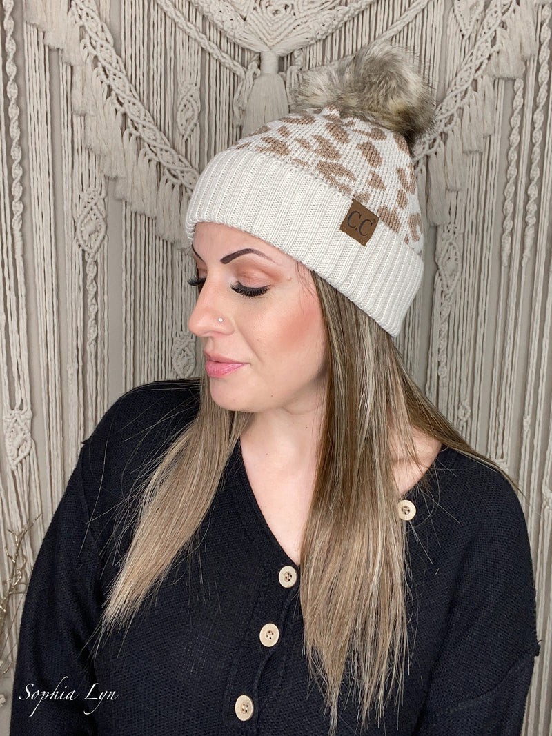 Leopard Pattern Fur Pom Beanie