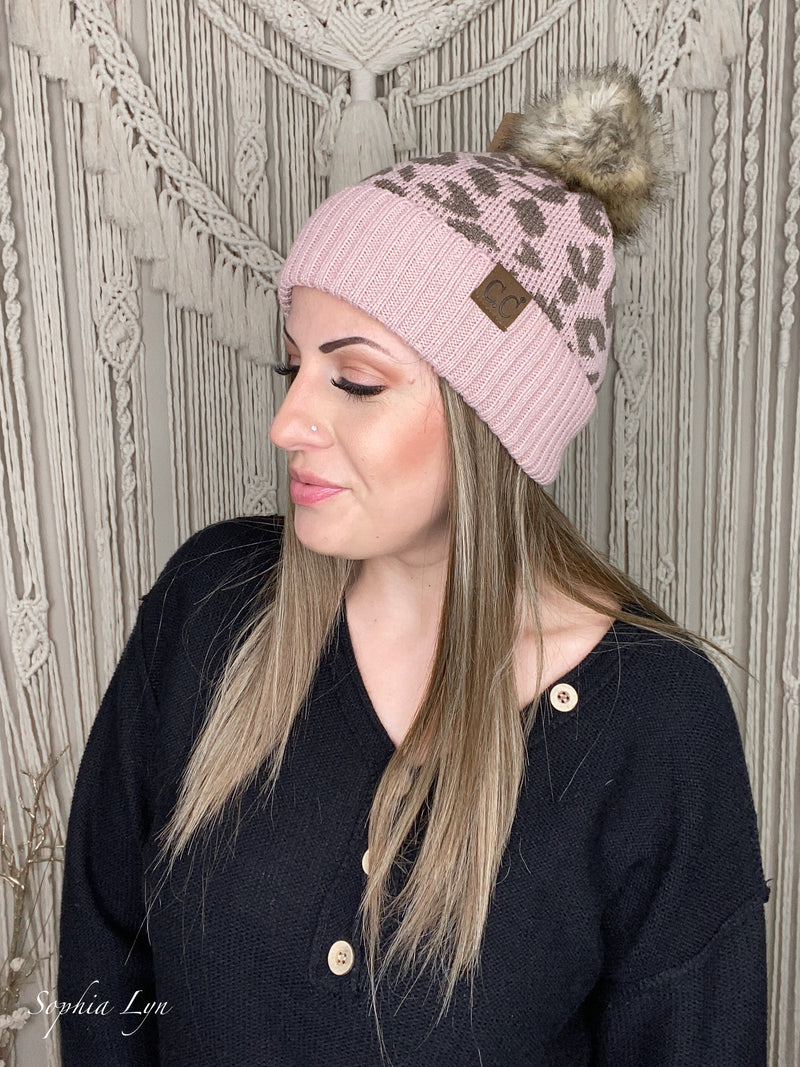 Leopard Pattern Fur Pom Beanie