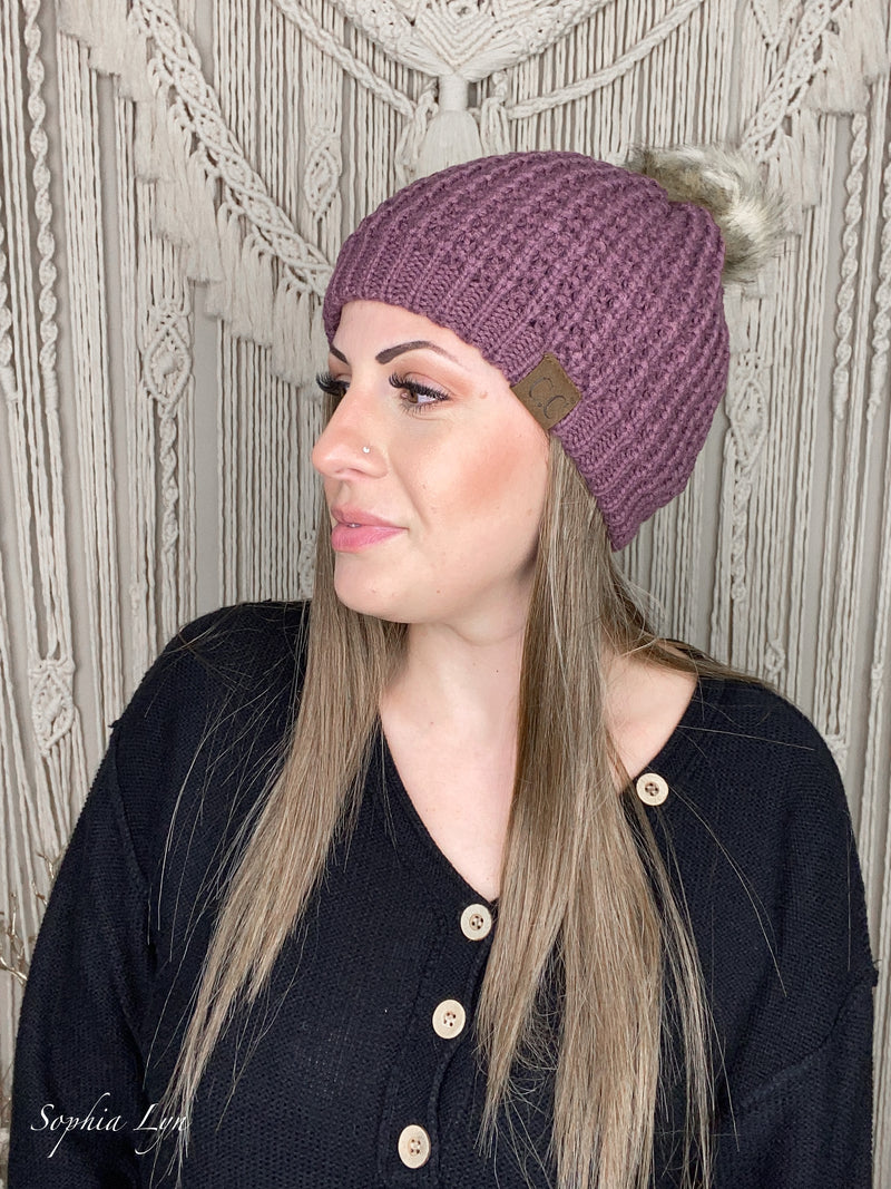 Solid Waffle Stitch Fur Pom C.C Beanie