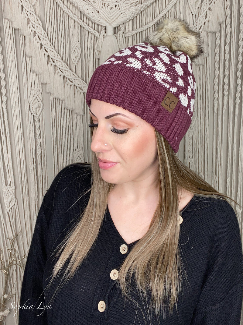 Leopard Pattern Fur Pom Beanie