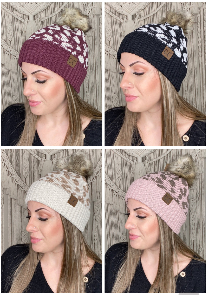 Leopard Pattern Fur Pom Beanie