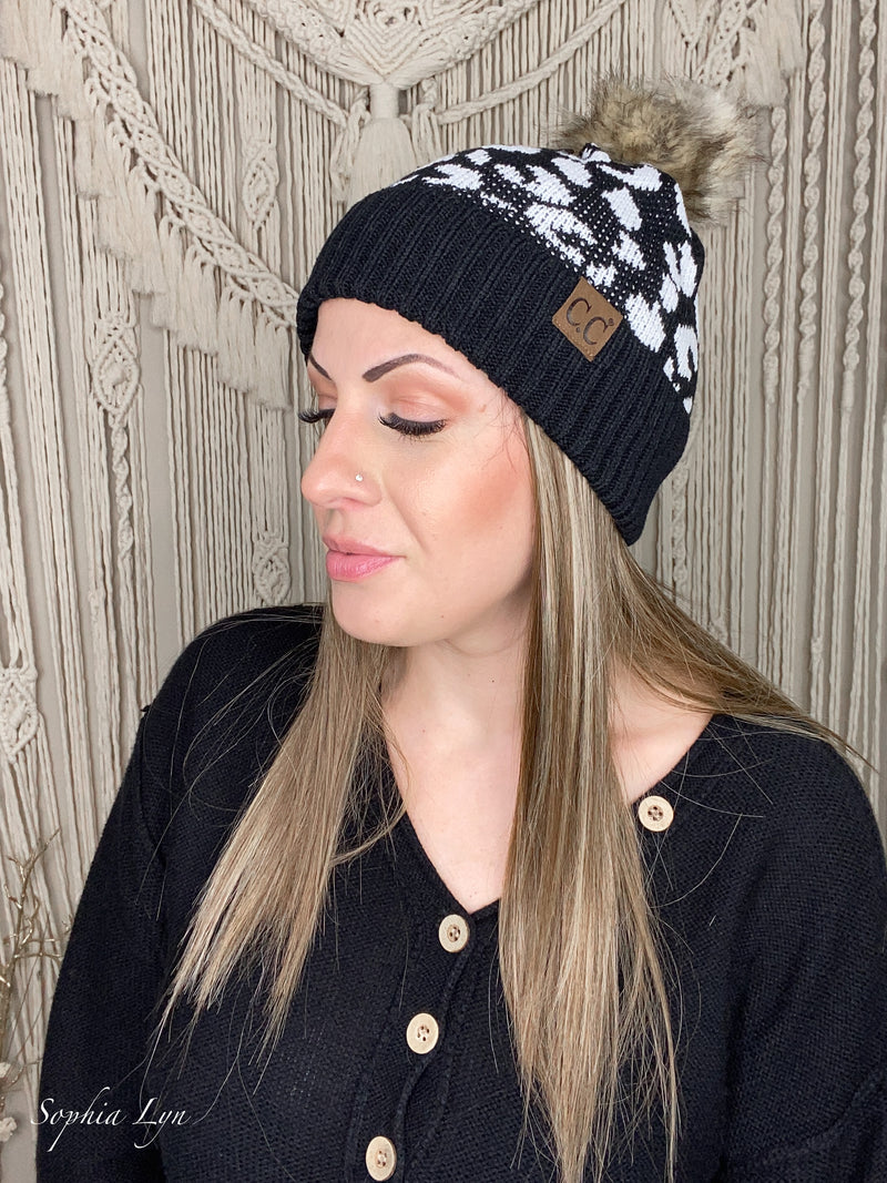 Leopard Pattern Fur Pom Beanie